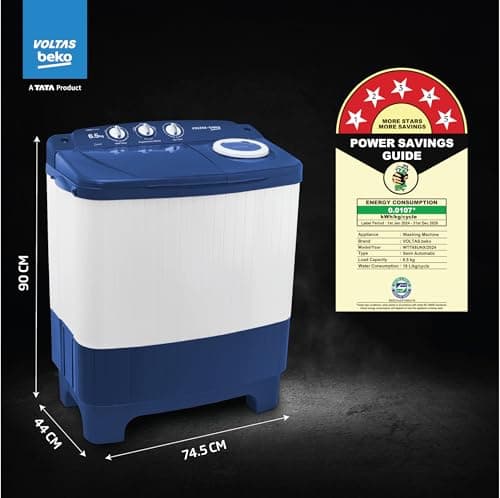 Voltas Beko, A Tata Product 6.5 Kg 5 Star Semi-Automatic Top Loading Washing Machine (WTT65UNX/OK3I0I0W01, Blue, Pulsator wash technology) 5