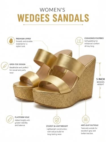Uunda Fashion Women Gold Glitter Wedge Heel Sandals Double Strap Open Toe Slip On Platform Party Use Fashion Heels for Wedding Evening Casual Use WD-5176-V3_41 3