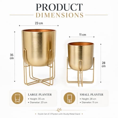 INDIAN DECORMART Golden Metal Planter with Stand | Elegant Metal Planters for Home Decor, Living Room, Garden & Balcony | Decorative Flower Pots & Plant Stands for Indoor and Outdoor Use (Set of 2) 3