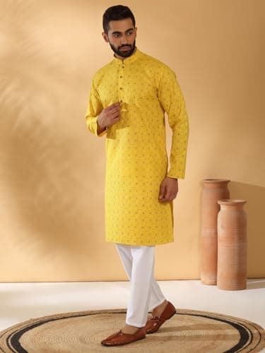 KRAFT INDIA Men Floral Printed Geometric Cotton Blend Straight Yellow Kurta With White Elastic Waistband Pyjama Set (XL) 5