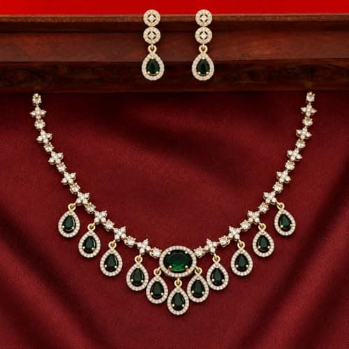 Visaga Aura Emerald Green Teardrop Stone Necklace Set for Women & Girls | Gold Plated CZ Diamond Choker Necklace with Matching Earrings | Bridal Wedding Party Jewellery Set | Traditional & Ethnic Fash 5