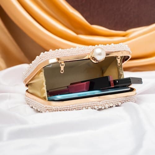 Artklim Ivory Pearl Beaded Bridal Clutch for Women - Elegant Wedding & Party Evening Purse with Detachable Chain Strap - Beaded & Embellished Handbag for Festive and Bridal Wear 3