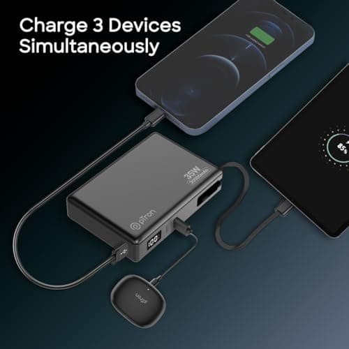 pTron Dynamo Sprint 20000mAh Power Bank w/Built-in Charging Cable, 35W Super Fast Charging, USB Type-C Input Powerbank Compatible with QC3.0/PD3.0, 3 Charging Outputs, Type-C Input/Output Port(Black) 5