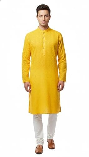 INDIA SILK PWCS LTD Men's Cotton Blend Embroidery Stitch Kurta with White Pajama Set - Traditional Indian Ethnic Wear Color and Size Variation 42 Yellow