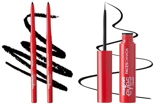 FACESCANADA Magneteyes Metallic Kajal Pencil - Black,0.35G (Pack Of 2) and FACES CANADA Magneteyes Eyeliner - Black, 3.5ml