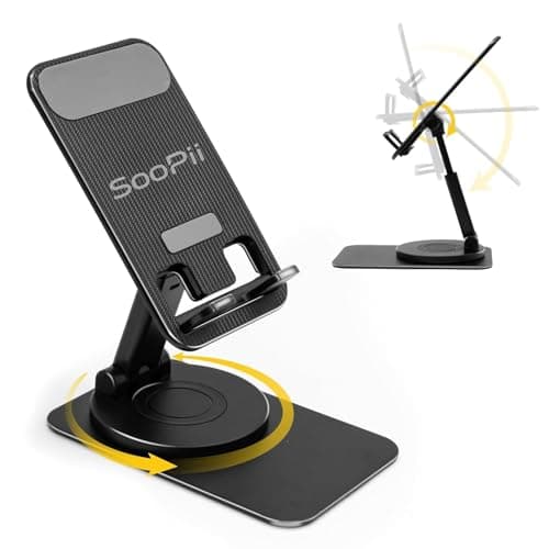 SOOPII Rotatable Cell Phone Stand, Fully Adjustable Foldable Desktop Phone Holder, Height Adjustable Phone Stand with Charging Hole, Portable, Compatible with All Smart Phones, e-Reader, Black