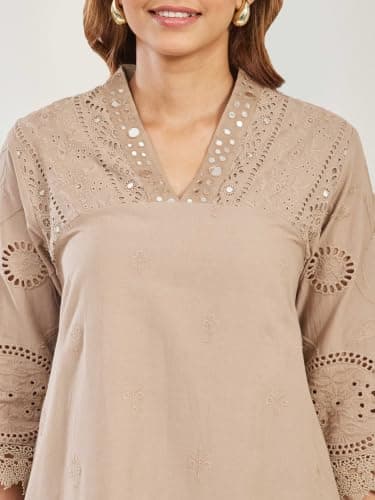 BIBA Embroidered Cotton Asymmetric Casual Kurta With Palazzo And Dupatta 2