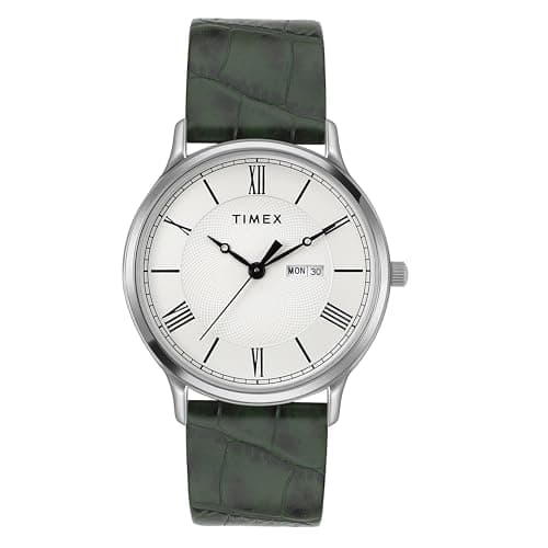 TIMEX Analog Watch for man with White Round Dial & Green Leather Strap Band Water Resistant Men's Wrist Watches - TWTG10510
