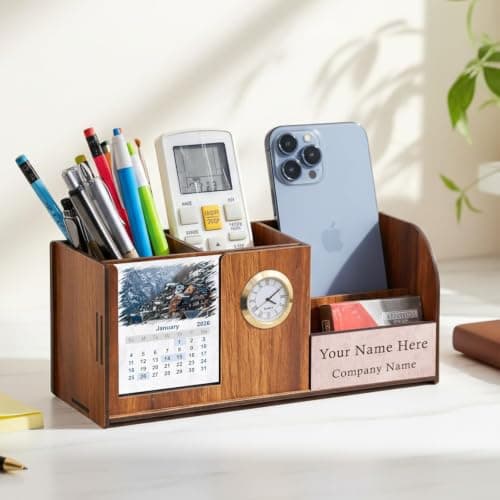 Deskart Personalized Pen Holder Stand with Clock, Two Years Calendar, Business Visiting Card & Mobile Holder | Multipurpose Desk Organizer with Name Engraving for Office Desk and Gifting