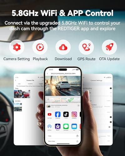 REDTIGER F9 Dash Cam 4K Front and Rear 1080P, Built-in 5.8GHz WiFi and GPS, Dual Dash Camera for Cars with 32GB Card, Loop Recording, Parking Mode, Smart App Control 4