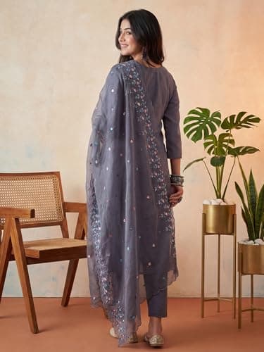 INDO ERA Women's Off White Pure Cotton Floral Printed Straight Fusion Kurta & Pant Set 3
