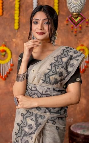 Bengal Looms India - Tantuja Inspired Traditional Karat Needle Nakshi Jaal Work Soft Jamdani Saree with Blouse Piece- Ethnic Wear for Wedding, Festive & Party Occasions 4