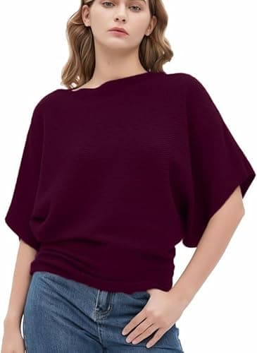 Zilcon Woman Fashion Ribbed Batwing Sleeves Bagy Balloon Style Fit Tops for Women Women Formal, Casual, Office, Date, Outing, Party Tops (in, Alpha, L, Regular, Dark Wine)