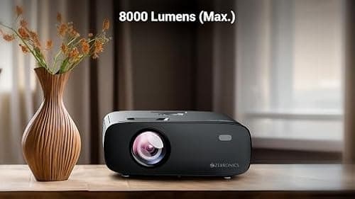 ZEBRONICS PIXAPLAY 55, Smart Projector, 10000 Lumens, 4K Support, 150 Inch Screen Size, Quad Core Processor, Bluetooth, HDMI, USB, WiFi, mSD, AUX, 1080p Native, APP Support, Miracast 3