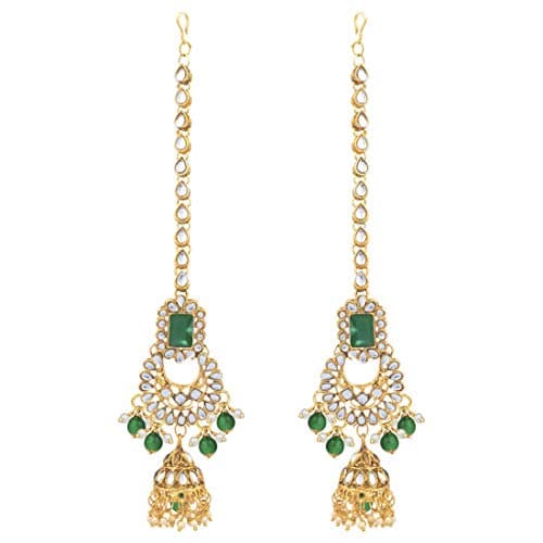 I Jewels Green Gold-plated Traditional Ethnic Indian Kundan Bridal Long and Short Necklace, Earrings, Hath Panja, Matha Patti, Nose Pin and Paso Set for Women 6