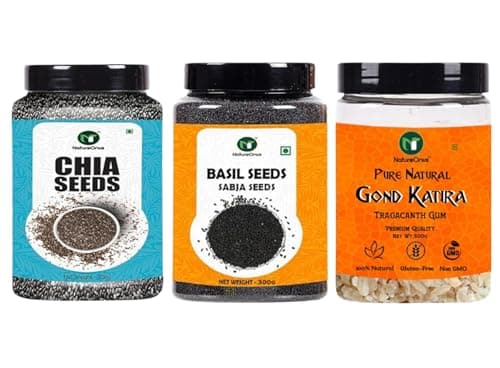 NatureOnus Gond Katira, Sabja (Basil Seeds) & Chia Seeds Combo Pack 300g each | Cooling Superfoods | Sabja, Tukmaria & Tragacanth Gum | Summer Drink & Health Mix | Rich in Fiber | Weight Management Su