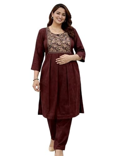 RITIJYA Rayon Feeding Kurta Pant Set for Women | Floral Anarkali Pregnancy Dress with Concealed Nursing Zipper Side Pocket | Pre & Post Partum | Maternity Baby Shower Outfit(9333_48, Maroon)