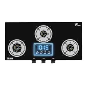 BEYOND Appliances Auriga 3 Burner Smart Glass Gas Stove | Auto Ignition | Digital Timer | Flame Failure Device | Toughened Glass | ISI Certified | LPG & PNG Compatible Cooktop | PAN India Service
