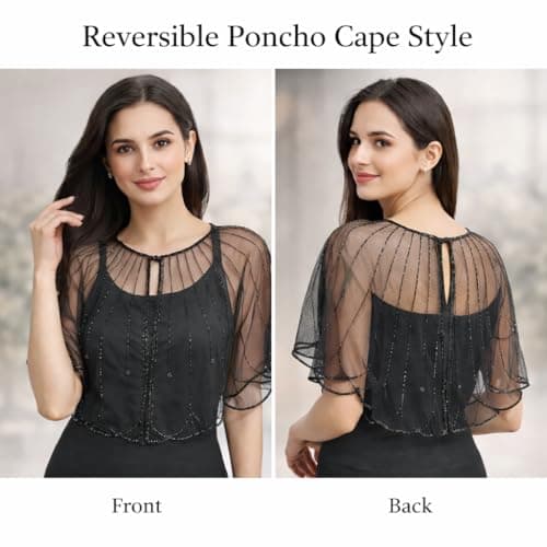 LOOMAURA Women's Black Festive Glam Pearl Net Cape Ponchu | Designer Party Overlay. 5