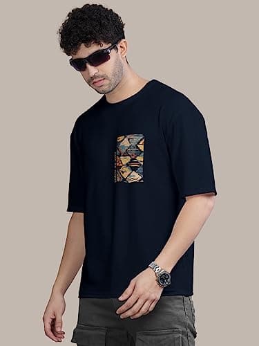 BULLMER Trendy Front and Back Printed Oversized Round Neck T-Shirt for Men - Blue/XX-Large 5
