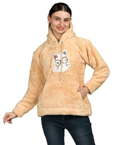 LADYWILLINGTON Lady Willington Women Woolen Sweatshirt Fur Hoodie Solid Heavy Rainbow Fabric Winter Wear Pure Wool Sweater for Women Fully Warm Cardigan Free Sizes (in, Alpha, L, Regular, Skin)