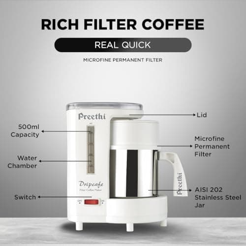 Preethi Dripcafe Coffee Maker| 450W Coffee Machine for Home | 500ml Capacity | Black (CM 208) (White) 4