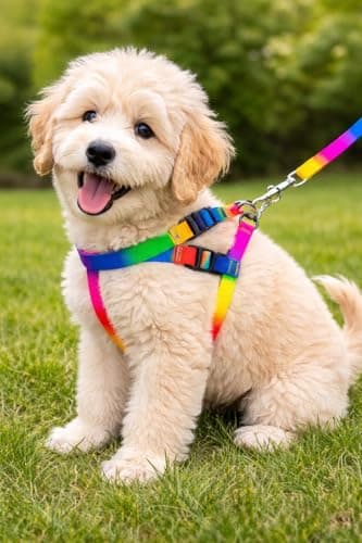 Dog Trust Colourful Adjustable Nylon Puppy Leash Harness and Collar Combo, Suitable for Puppy 15 mm Multicolor (Collar + Harness + Leash) 01 3
