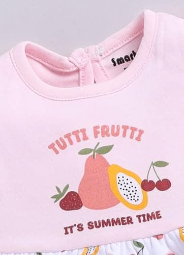 Smart Baby Girl Pink Tutti Frutti Frock with Bloomer & Headband Set – Flutter Sleeve Interlock Cotton Dress – Newborn Infant Summer Dress for Girls (Pink, Sleeveless, 6-9M) 3
