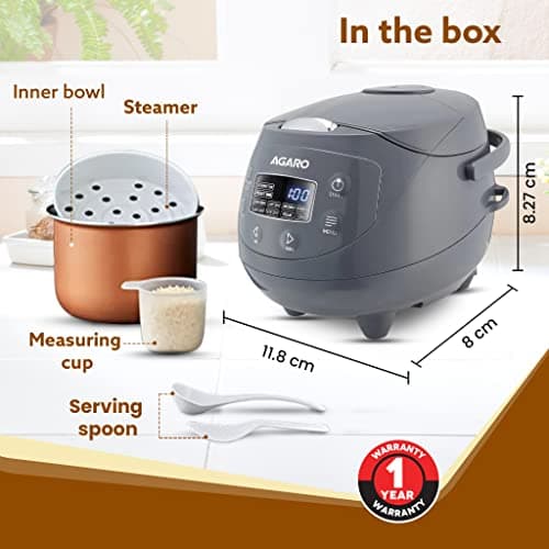 AGARO Imperial Electric Rice Cooker, 2L Ceramic Coated Inner Bowl, 500 gms (approx. 3.5 cups) raw rice, Steam Basket, 8 Preset Cooking Function, Advanced Fuzzy Logic, 24Hrs Keep Warm Function, 350W 5