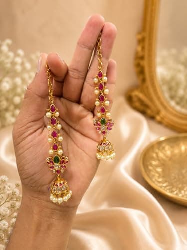 Dvina Glow Premium South Indian Lotus Mattal Jhumka Earrings | Ruby Green Kemp Stone Temple Jewellery | Long Pearl Hanging Bridal Earrings for Women 3