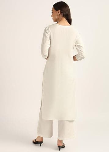 BLOCKS OF INDIA Women Cotton Solid Straight Kurta Set | Hand-Stitched Neck Details with Pintucks | Comfortable Pants with Pockets, Elastic Waist & Drawstring Fit(White XX-Large) 4