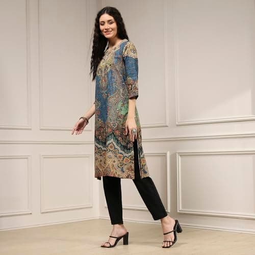 Biba Women Blue Cotton Straight Printed Kurta_40 3