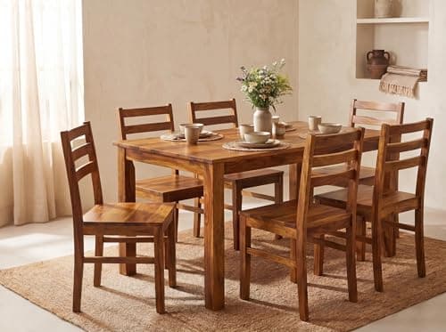 DecorNation Myra Solid Wood Dining Table Set 6 Seater for Home & Kitchen | Premium Wooden Dining Table with 6 Chairs | Natural Finish | Modern Dining Furniture