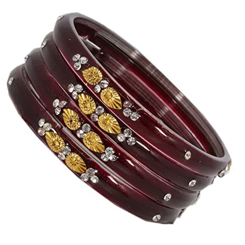 NMII Glass with Zircon Gemstone and Beads Studded Glossy Finished Kada For Women and Girls, Pack of 4, (Maroon_2.6 Inches) 2