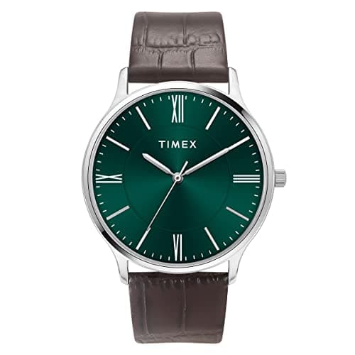 TIMEX Analog Watch for Man with Green Round Dial & Brown Leather Strap Band Water Resistant Men's Wrist Watches - TWTG105SMU07