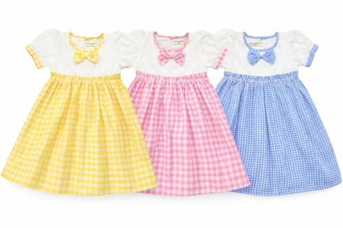 KOSHMOSH Combo of 3 Cotton Baby Girl Dress with Cute Bow I Stylish Gingham Baby Frock I Soft Mulmul-Lined Girl Outfit Yellow,Pink,Blue-9-12 Months