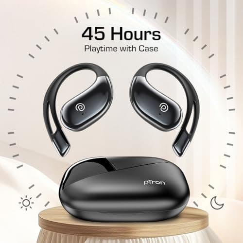 pTron Bassbuds Trendz Open Ear Wireless Earbuds, SafeBeats Design, HD Mics & TruTalk AI-ENC Calls, 45Hrs Playtime, App Support, 14.2mm Drivers, BT6.0 Headphones, Type C Charging & IPX5 (Pearl Black) 5