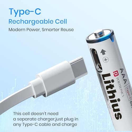 Portronics AAA Lithius Type C Rechargeable Batteries, Pack of 2, Lithium Ion Cell Composition, Upto 440mAh Capacity, Low Self Discharge, No Separate Charger Required (White) 6