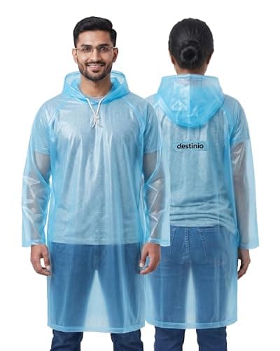 Destinio Poncho for Men, Poncho for Women-Thick Waterproof PVC, Rain Coat, Reusable - Transparent Pocket Raincoat with Hood, Full Cover for Bag in Travel, Trekking, Bike Riders (Blue-Knee Length)