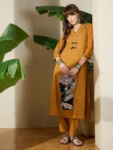 INDO ERA Women's Pure Cotton Quirky Embroidered A-Line Calf Length Kurta & Pant Set | Co Ord Set For Women Stylish 3