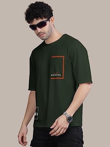 BULLMER Trendy Front Printed Oversized Round Neck T-Shirt for Men - Olive/Large 5
