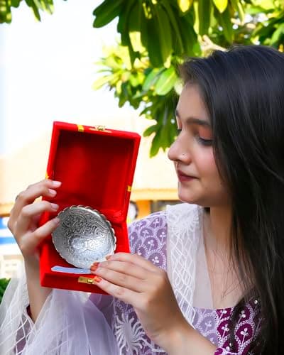 Craze Crafts 2-Piece German Silver Bowl Set in Velvet Box | Traditional Decorative Bowls, 4 Cubic Inches, Design-2 6