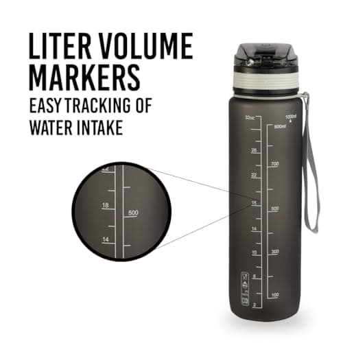 XRT65 1 Litre Gym Water Bottle with Sipper Lid | Leakproof Sports Bottle with Clear Litre Markings | Strong Lightweight Bottle for Fitness, Training, Hiking & Daily Use (Black) 4