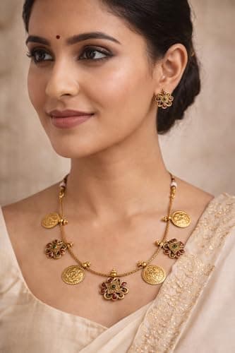 Dvina Glow South Indian Temple Coin Necklace Set for Women | Antique Gold Plated Coin Choker Haram with Floral Stone Stud Earrings | Traditional Bridal Festive Jewellery for Saree, Lehenga, Wedding 4