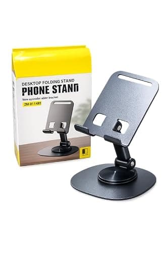 Universal Smartphone Desktop Phone Stand, 360 Degree Rotation, Adjustable and Foldable, Black, Freestanding Metal Mobile Holder
