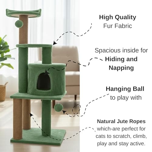 Purrway Soft Fur Activity Scratching Post/Cat Tree for Kittens & Cats - Natural Sisal Rope Triple Platform Tower (Height 43 Inch) (FURR - 3FLORR - Green) 4