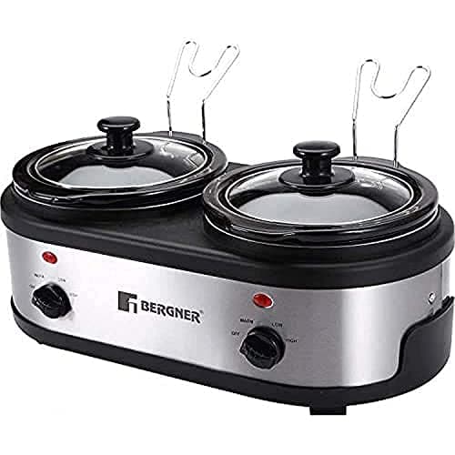 Bergner Supreme Electric Cooker with 100Watt, (1.5 L x 2) for Low & High Temp. Food Warming/Slow Cooking, Ceramic Pot with Glass Lid, Body Stainless Steel, Cool Touch Handling