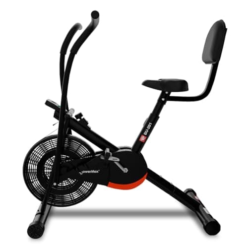 PowerMax Fitness BU-201 Dual Action Air Bike/Exercise Bike for Home |Gym Cycle for Workout With Adjustable Cushioned Seat | Non-Slip Pedals | Moving Handles Black Gym Bike, Max user weight 120 KG