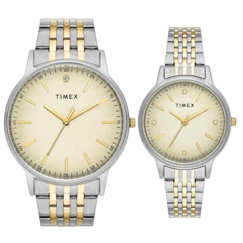 TIMEX Analog Watch for Couple with Cream Round Dial & Two Tone Stainless Steel Bracelet Band Water Resistant Pair's Wrist Watches - TW00PR329