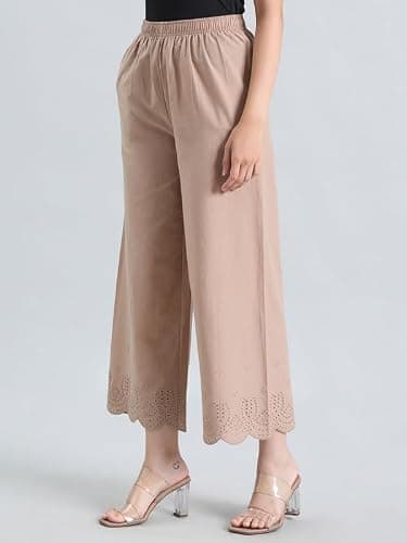 GO COLORS Women’s Cotton Hakoba Palazzo | Ankle Length, Schiffli Embroidery, Relaxed Fit, Mid-Rise with Side Pocket (Beige) 2